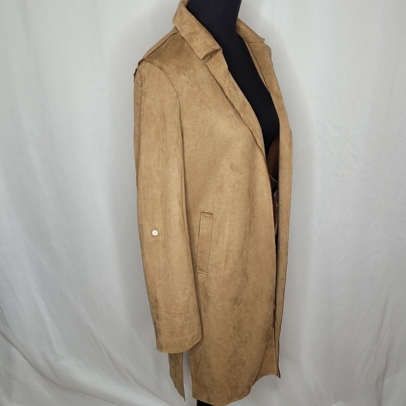 Tahari Cognac Faux Leather Open Front Roll-Tab Sleeve Long Blazer/Jacket - Sz XS - Picture 4 of 15